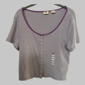 Levi’s Retro Women’s Britt Snap Short Sleeve Ribbed Purple Blue Crop Top L